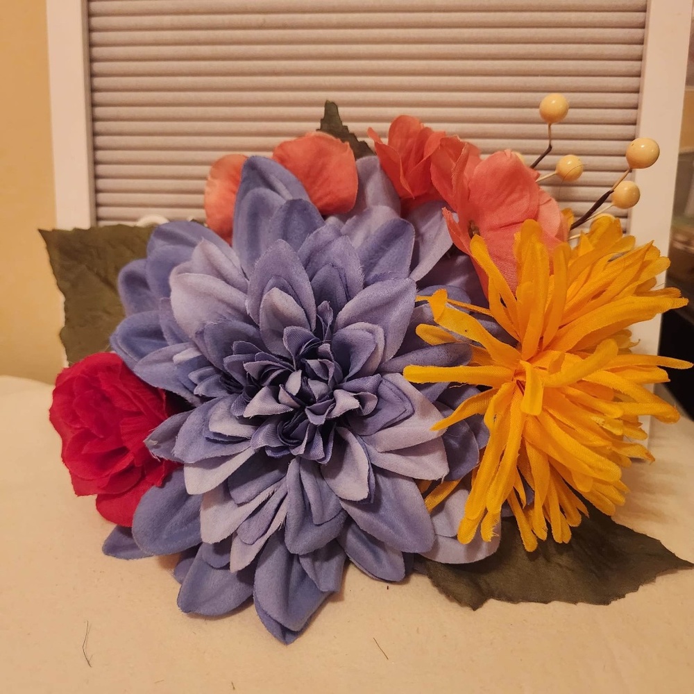 Floral Blue Dahlia, Yellow Chrysanthemum, Red Rose, Pink Flowers Hair Clip